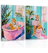 Funny Pink Tiger Wall Art, Cute Tiger Reading Newspaper On The Toilet, Whimsical Animal Poster Pr...