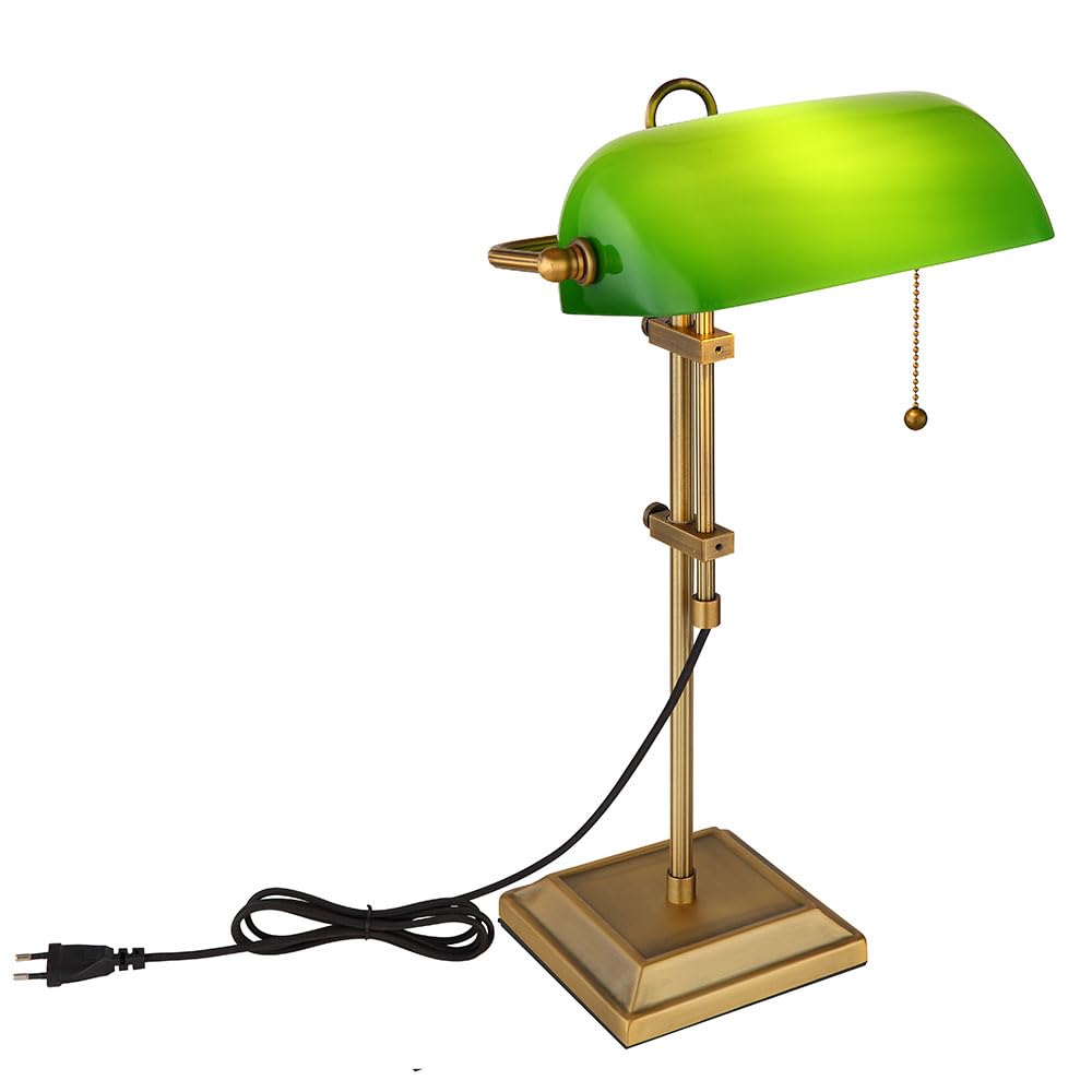 LED Schreibtischleuchte Bankerlampe Tischlampe altmessing Glas grün Leseleuchte höhenverstellbar, Zugschalter, 1x E27 LED warmweiß, LxH 26,5x56 cm