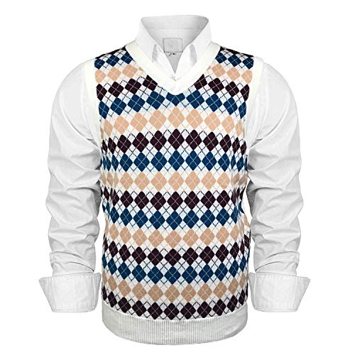 SHENGHELEN Men's V-Neck Sweater Vest Cotton Rhombus Knitwear Sleeveless Sweater White