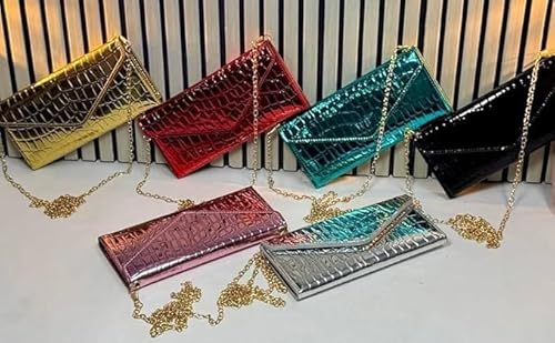 Women Envelope Clutch Bag with Chain Crocodile Pattern Evening Bag Holiday Bag (pink)