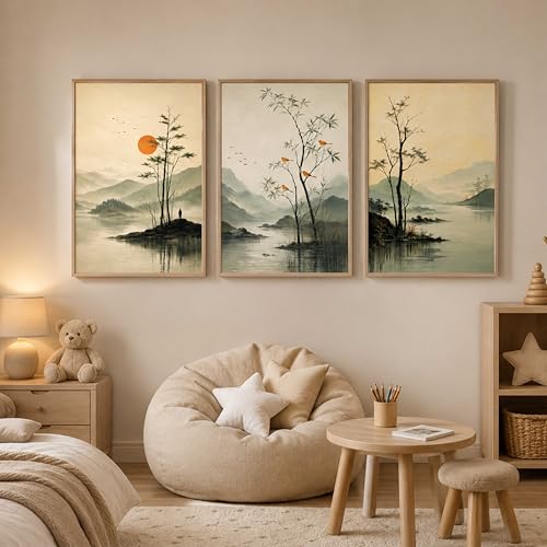 Image of Artify Serene Lake Mountain Landscape Wall Painting Set of 3 for Living Room Bedroom Hall Office Decor, Tree Bird Sunrise Nature Art, Premium Wooden Synthetic Frame