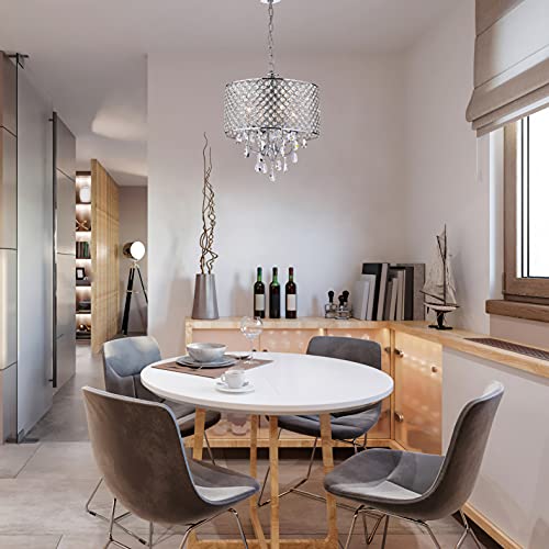 EDVIVI Marya Drum Crystal Chandelier Ceiling Fixture| 4 lights Glam Lighting Fixture with Chrome Finish| Adjustable Ceiling Light with Round Crystal Drum Shade| Living room, Dining, Bedroom.