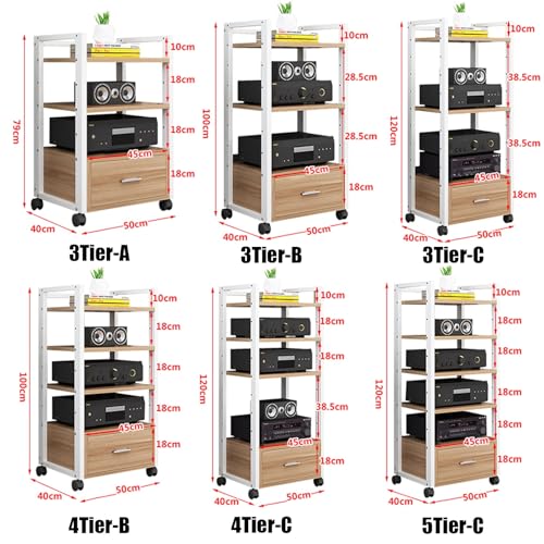 Mobile Porta TV a 4 Ripiani con Ruote - Supporto Regolabile per Giradischi, Console di Gioco, Lettore Dvd e proiettore - Elegante Design in Metallo e Legno, Centro di intrattenimento salvasp
