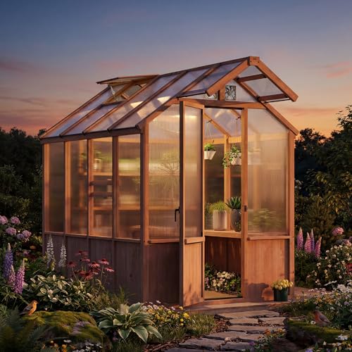 Image of Modern Shade EverBloom 6.5'x8' Wooden Greenhouse, 8' Extra-Tall Cedar Wood Greenhouse with Built-in Outdoor Faucet Kit, Heavy Duty Greenhouse with Built-in Shelving, Power Strip & Ventilation System