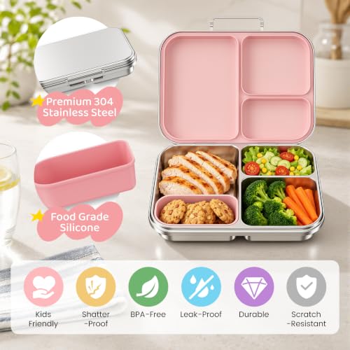 Pawtong Stainless Steel Bento Box for Kids and Adults, 3 Compartment Leakproof Lunch Box with Removable Silicone Seal and Silicone Contianer, Metal Lunch Container for School, Work and Travel (Pink) by Pawtong - Used condition - Image 2