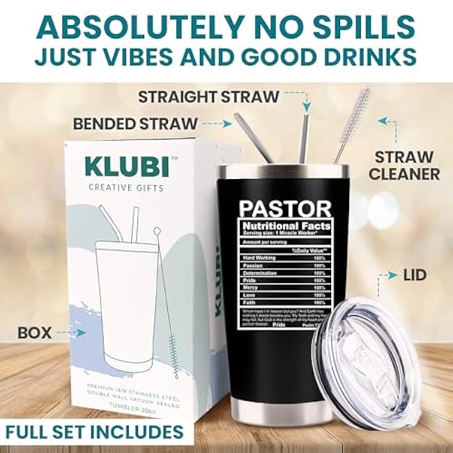 KLUBI Pastor Gift 20 Ounce Travel Coffee Mug Tumbler - Funny Idea for Appreciation, Wife, Faith Based, Birthday - Men and Women