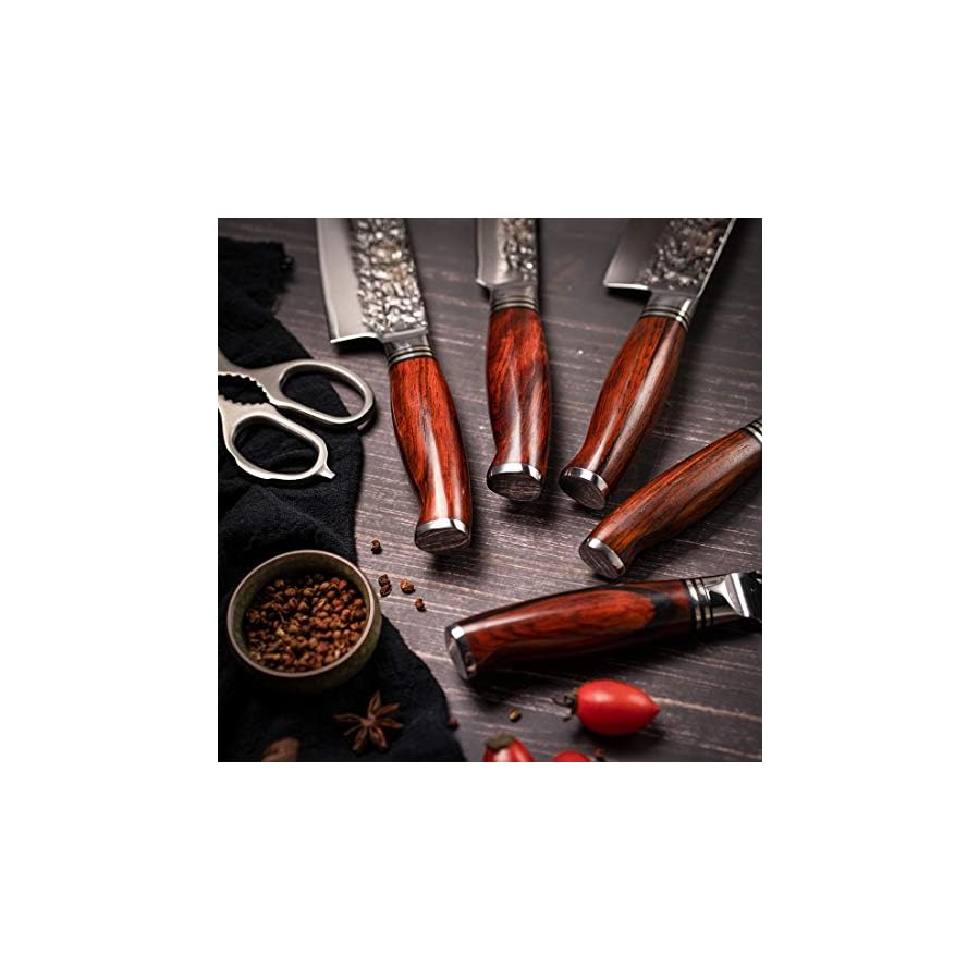 YARENH Kitchen Knife Set, 8 Piece Professional Damascus Chef Knives, Sharp High Carbon Stainless Steel Blade, 73 Layers, Full Tang, Dalbergia Wood Handle, Walnut Wooden Block and Sharpener Stone