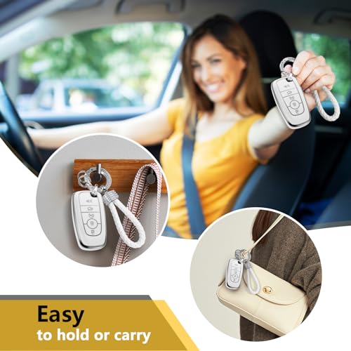 Image of for Ford Key Fob Cover with Luxury Diamond Braided Keychain, Upgraded Soft Case for Fusion F150-F550 Edge Escape Explorer Bronco Maverick,etc.(5 Button) (Silver Bling,B)