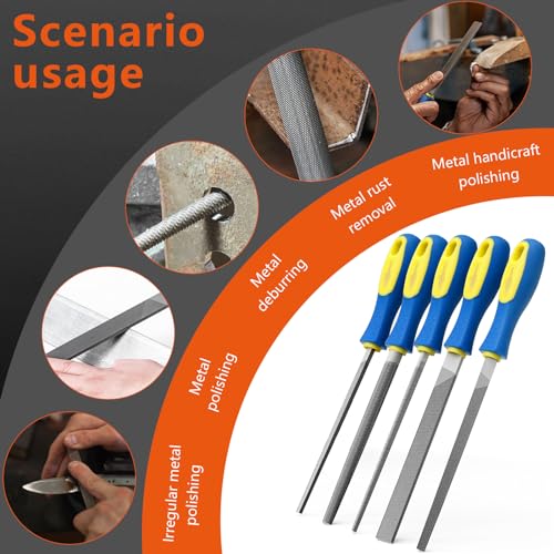 YKLP Needle File Set (Carbon Steel 5 PCS) Hardened Alloy Strength Steel - Set Includes Flat, Square, Triangular, Round, and Half-Round File(8\'\' Total Length)