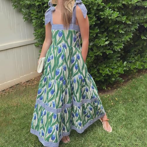 Image of Women Y2k Boho Maxi Dress Tie Shoulder Backless Strappy Tiered Flowy Dress 2024 Summer Floral Beach Sundress