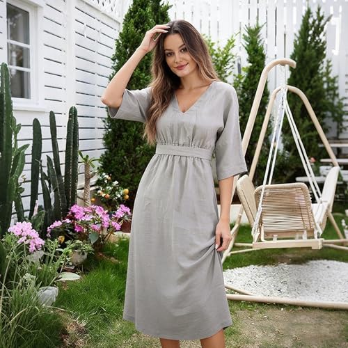 Image of Simple&Opulence Women's Summer Dresses 100% Linen Beach Sundress Nightgown Long Casual Lounge Sleep Dress with Pockets