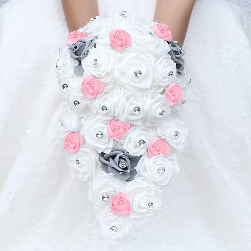 Rhinestone Bouquets for Bride Flowers Foam Bridesmaid Toss Bouquet Hand Made Artificial Rose Satin Rose18cm (Baby Blue)