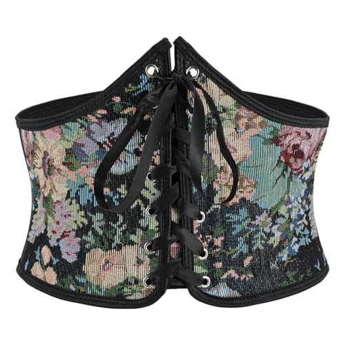 LEACOOLKEY Women Floral Corset Belt Lace-up Tied Waspie Wide Waist Belt Renaissance Costume Corset Belt