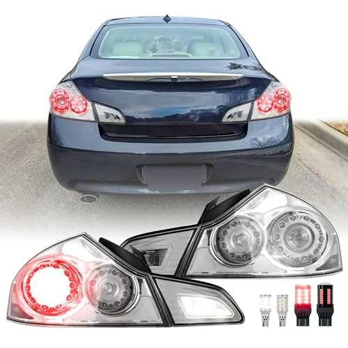 USR 07-13 V36 4D Tail Light – w/ 4 LED Bulbs Upgrade (Left + Right) Pair - Compatible with 2007-2013 Infiniti G35 / G37 Sedan 4 Door All Models/Trims (CLEAR TAIL LIGHTS w/WIRE HARNESS & LED BULBS)