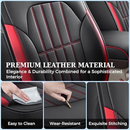 Image of Truckiipa Dodge Ram 2 Front Seat Covers Custom Fit for 2002-2025 2026 1500 2500 3500 Pickup Crew Double Quad Cab Laramie Big Horn Full Coverage Waterproof Leather Truck Seat Protectors, Red