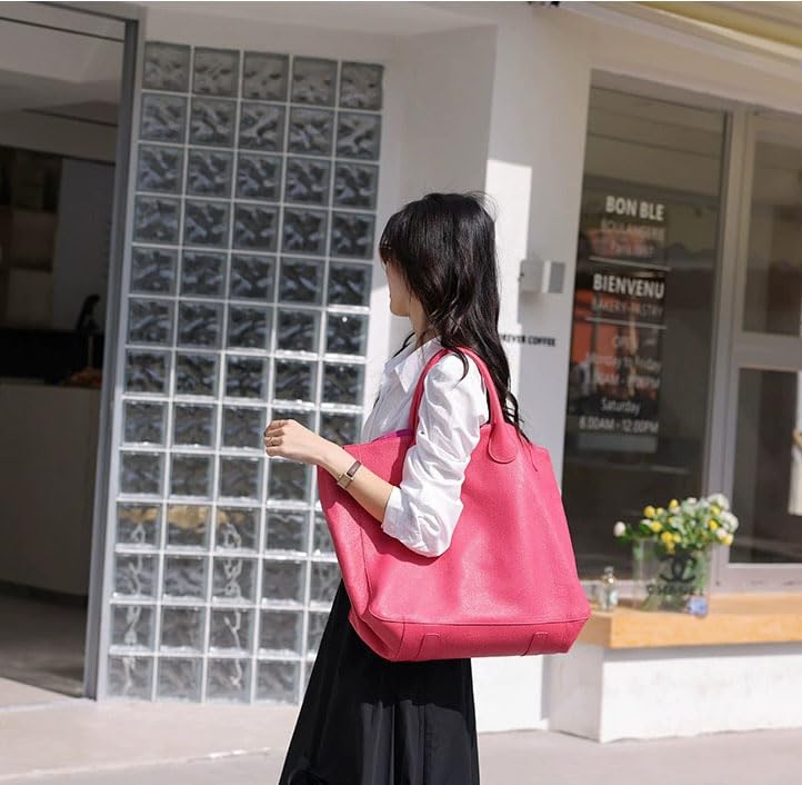 Image of Rhymad Large Pink Leather Tote Bag, Spacious Women's Handbag with Interior Pockets, Work and Travel Purse