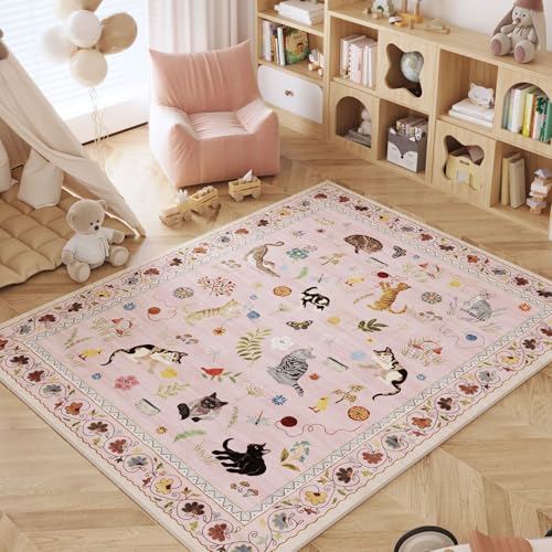 Bedroom Rug 3x5 Rug Washable Area Rug Non Slip Low Pile Boho Floral Animal Cat Small Carpet for Bedroom Bedside Kitchen Entryway Kids Room Office College Dorm Essentials for Girls, Pink