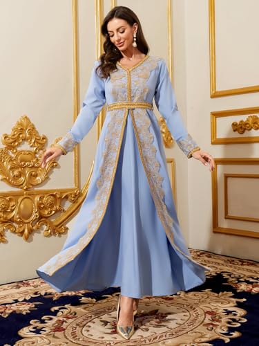 Image of Abaya for Women Floral Embroidered Muslim Dress V-Neck Arabian Maxi Robe