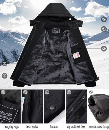 Miniatura 5 de Tacvasen Chaqueta Impermeable Para Mujer, Para Invierno, Esquí, Exteriores, Caminar, Forro Polar, Con Capucha Desmontable, Negro, Xxl