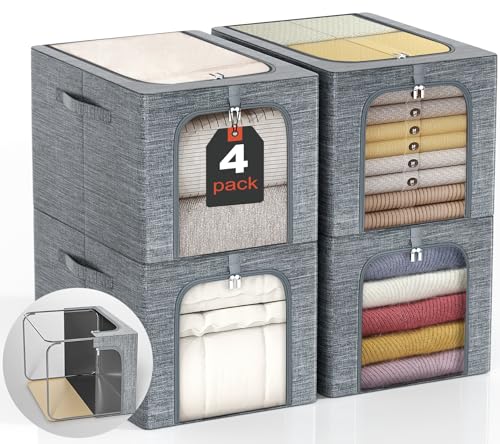 Image of GoMaihe Clothes Storage Bins with Metal Frame, 4-Pack Closet Storage Bins with Lid & Clear Window, Sweater Boxes Organizer for Closet, Clothing Storage, Cationic Fabric 40L