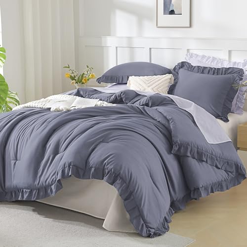 Andency Dark Blue Grey Comforters Queen Size, 3 Pieces Solid Shabby Chic Farmhouse Bedding Comforters & Sets, Lightweight Fluffy All Season Soft Down Alternative Bed Set for Women Men