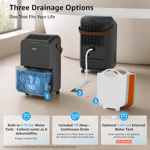 Image of KNKA 2500 Ft Max 34 Pints Dehumidifier for Basement with Drain Hose, Black | Dehumidifiers for Home, Bedroom, Bathroom, Large Room, Three Modes, Intelligent Humidity Control, Dry Clothes, 24HR Timer