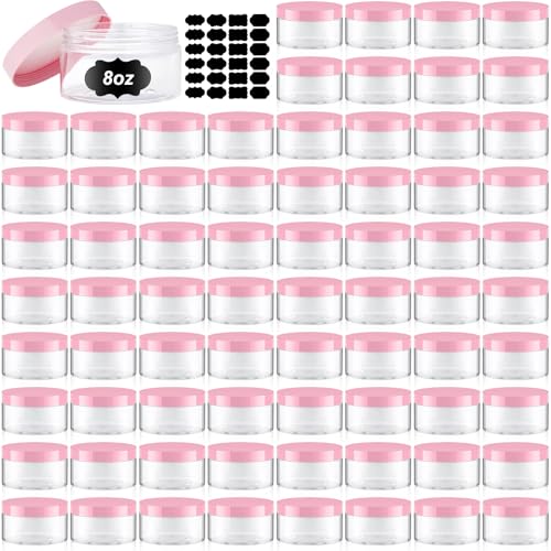 Dandat 72 Pcs 8 oz PET Loose Powder Containers Plastic Jars with Lid and Label, Leak Proof Empty Cosmetic Jars for Lotion, Cream, Gel, Powder - Refillable Travel Storage Containers(Pink)