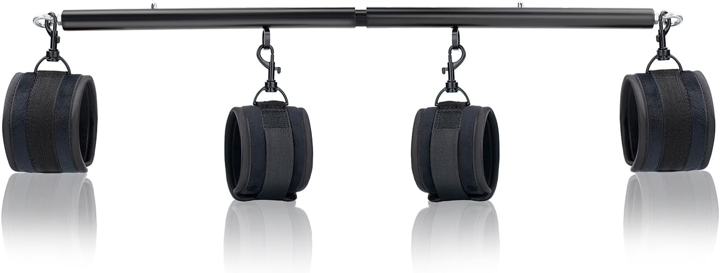 Spreader Bar Heavy Duty Stainless Steel Expandable Silver Exercise Leg Bar Home Gym with 4pcs Furry Purple Adjustable Straps,Sports Aid Training Fitness Gear Pilates Aid Kit (Black Set)