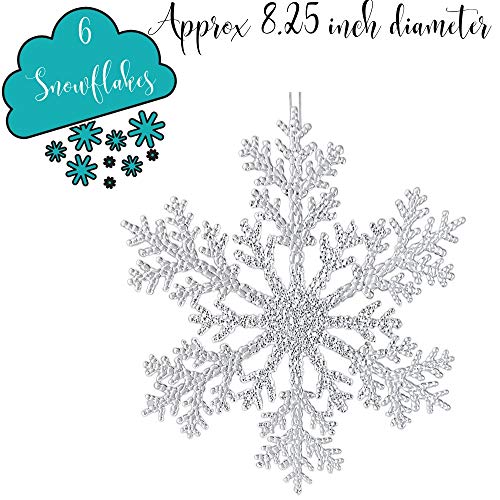 Snowflake Decorations - Set Of 6 Large Glittered Ornaments - Christmas Tree Decorations 8.25" D - Hanging Snowflakes - Winter Wonderland Party - Craft Accessories #TOP2