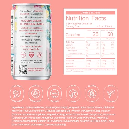 Image of Revello Mixers Sparkling Grapefruit - Mixer Infused with Electrolytes, Antioxidants, Vitamins & Minerals - Low Sugar & Calories - Premium Beverage for Crafted Cocktails & Mocktails - 8 fl oz (Pack of 4)