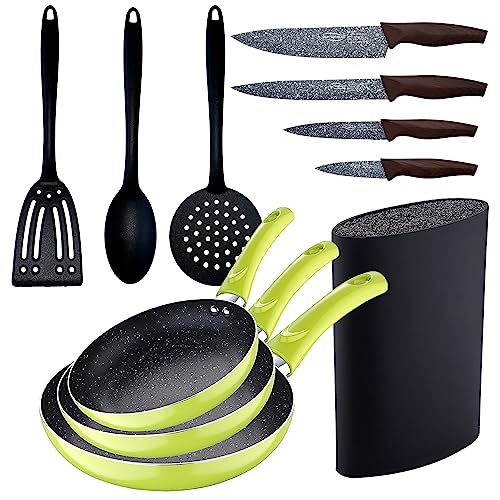 Set 3 padelle (20+24+28 cm) in alluminio pressato verde con set di 3 utensili da cucina con set di 4 coltelli in acciaio inox con Tacoma/blocco di c