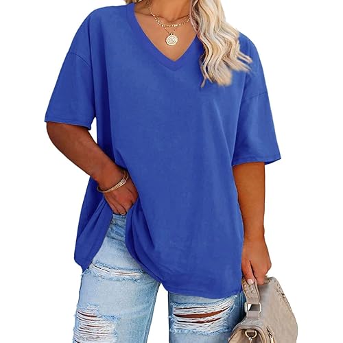 Women's Plus Size V Neck T Shirts Summer Half Sleeve Tees Casual Loose Fit Cotton Tunic Tops