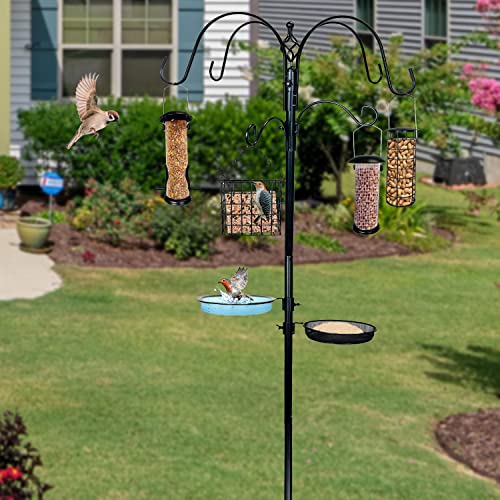 Ashman Deluxe Premium Bird Feeding Station, 22" Wide X 91" Tall (82 Inch Above Ground) Black With 4 Multiple Hooks And 4 Bird Feeders Hanging Kit. #TOP1