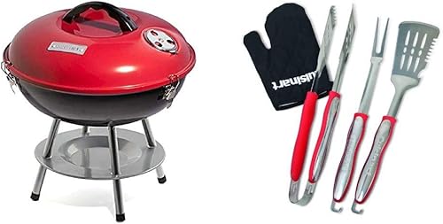 Cuisinart CCG190RB - Parrilla portátil de carbón, 14 pulgadas, rojo, 14.5 x 14.5 x 15 pulgadas y juego de herramientas para asar CGS-134 con guante