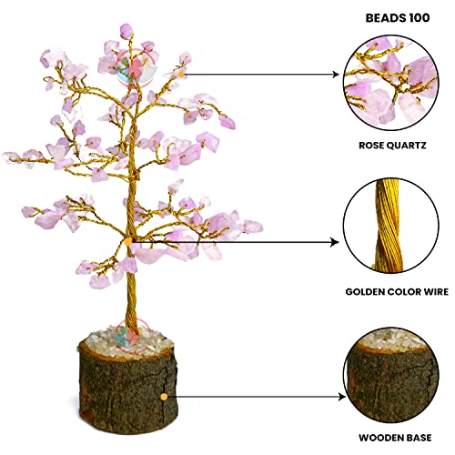 Image of REMEDYWALA Charged Energized Rose Quartz Crystal Tree for Reiki Healing, Rose Quartz Stone Tree Showpiece for Good Luck Home Decor, 100 Beads