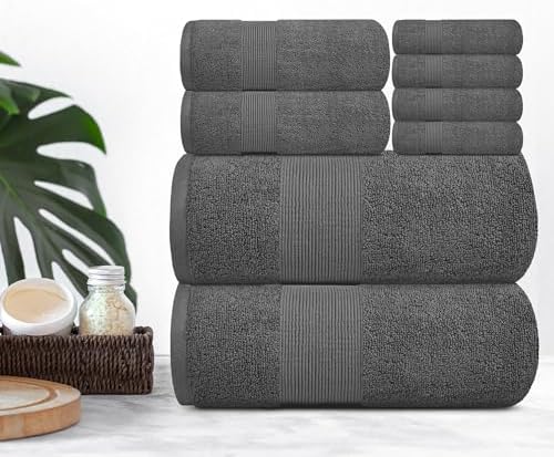 Resort Collection Soft Bath Towel Set | Luxury Hotel Plush & Absorbent Cotton | 2 Bath Towels, 2 Hand Towels and 4 Washcloths [8 Piece, Smoke Grey] - Thumbnail 3