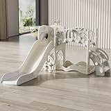 すべり台 ジャングルジム 室内 屋外 滑り台 子供用 幼児用 人気 耐荷重 50kg 1~8歳 子ども すべり台 キャッスル バスケットゴール 収納スペース 組立簡単 大型遊具 滑り台 屋内 室内 遊具 キッズ 子供 幼児 誕生日 プレゼント クリスマスギフト クリスマス お祝 おもちゃ ホワイト+グレー (グリーン)