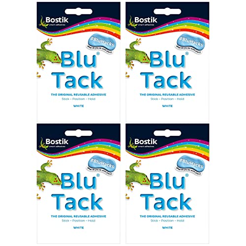 Bostik BLU TACK | WHITE | Original REUSABLE Sticky Adhesive HOME SCHOOL OFFICE Walls BLU HACKS NO MARKS Safe Craft ART Clean Handy (4 x PACKS WHITE - BLU TACK)