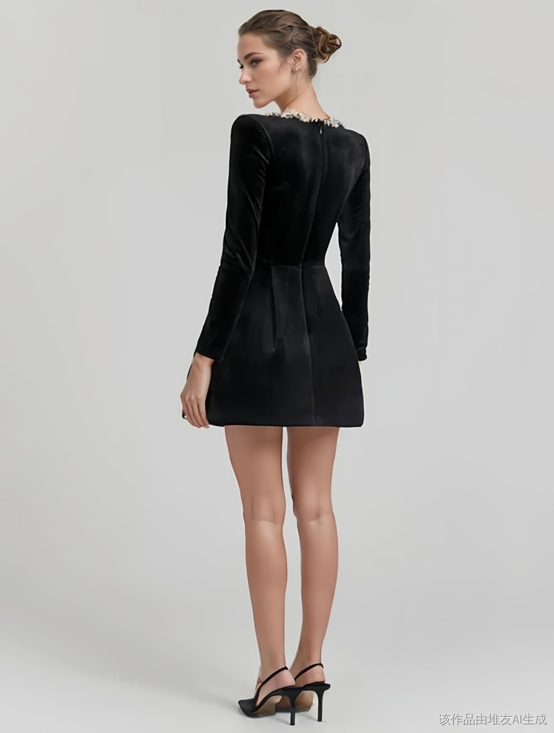 Crystal Square Neck Wedding Dresses for Brides Long Sleeve Velvet Short Bridal Gowns with Pockets - Image 3