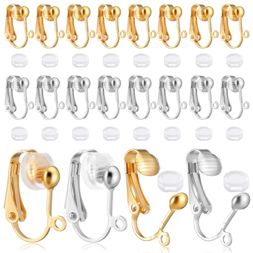 Hadnves 20Pcs Clip-On Earring Converters and 20 Pcs Silicone Earring Pads Non-Pierced Earrings Clips Pierced Earrings to Clip-on for None Pierced Ears, Silver Gold