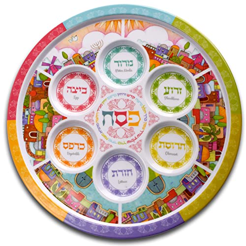 Ner Mitzvah Seder Plate For Passover - Melamine 12" Passover Seder Plate - Multicolored Jerusalem Passover Plate #TOP9