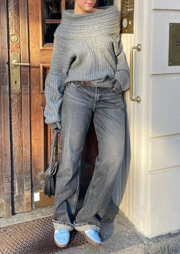 NRTHYE Women Off The Shoulder Sweater Top Long Sleeve Ribbed Knit Chunky Slouchy Asymmetrical Pullover Sweaters4