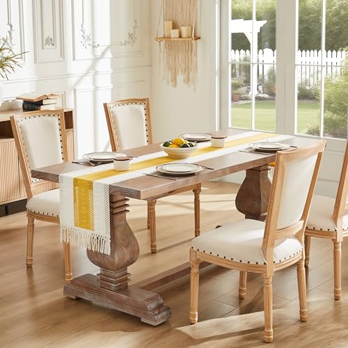 Image of ZeeMart Macrame Style Bicolor Stitching Table Runner, 14 x 60 Inch Mustard /Ivory, Boho Yellow Table Runners 60 Inches Long, Farmhouse Woven Home Decor