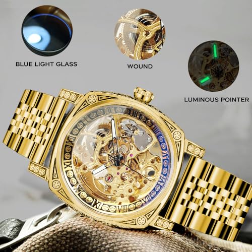 Image of FORSINING Fancy Watches for Men, Square Retro Mechanical Watch Self-Wind Carved, Gear Movement Golden Skeleton Automatic Watches Vintage Leather Strap Wrist Watch
