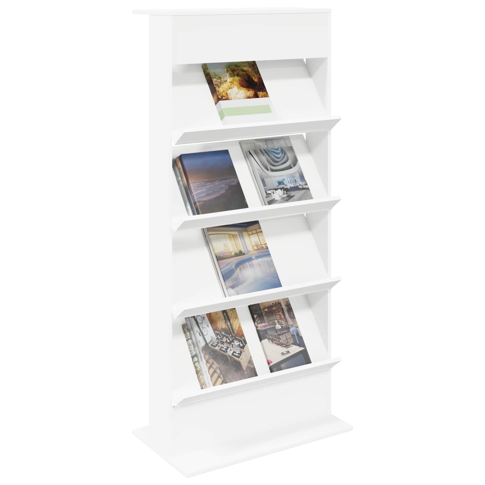 Portariviste, bianco, 70 x 41 x 156 cm, in legno | Scaffale stabile con 4 ripiani per riviste e documenti in ufficio, soggiorno o camera da letto.