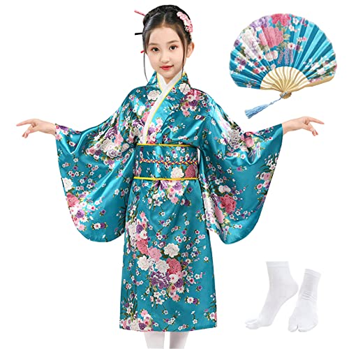 KRUIHAN Japanische Kimono für Mädchen,Kimono Kinder,Yukata Kimono Kleid Kinder,Morgenmantel Mädchen Satin Cosplay Kostüme Party Kleid,Mit Falten Fan und Tabi Socken,Türkis,130