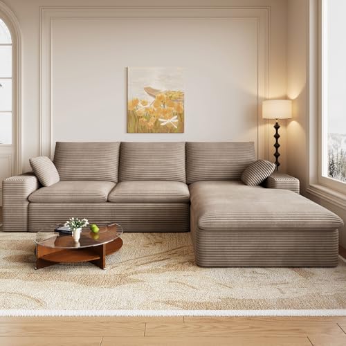 Image of 107 inch Cloud Couch Modular Sectional Sofa for Living Room, L-Shape Boneless Couch with Deep Seat, Modern Corduroy 3-Seater, No Assembly Required (Camel Brown,Right-Facing Chaise)