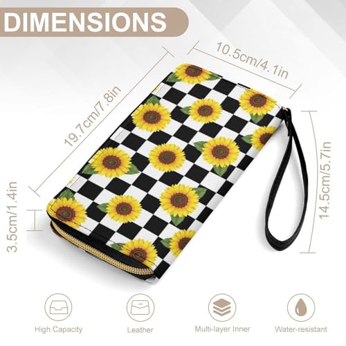 Large Capacity Slim Wallet for Women Waterproof Travel Long Purse Black And White Checkered Flag Sunflowers Credit Card Holder with Multiple Card Slots2