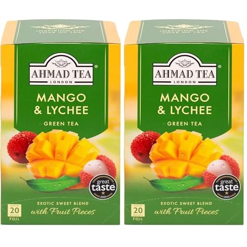Ahmad Tea - Mango & Lychee - Grüner Tee mit Mango und Litschi - Mit Fruchtstücken - Einzeln Verpackte, Aromaversiegelte Teebeutel mit 2g Tee pro Portion - 20 Teebeutel mit Band (Packung mit 2)