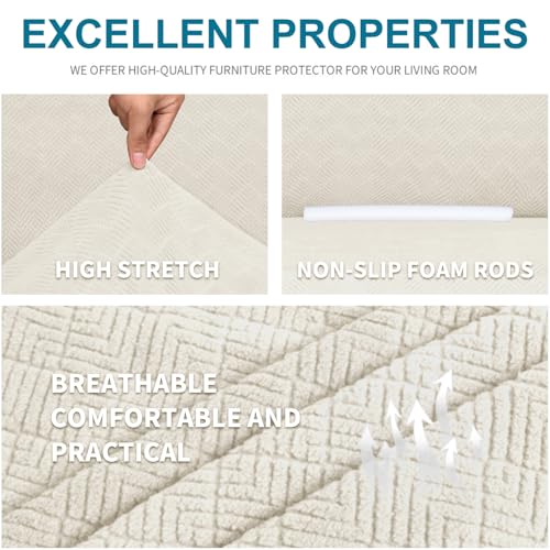 YSTELLAA Stretch Bankhoes 4 Zits, Elastische Bankhoezen Voor Woonkamer, 1 Stuks Universele Rekbare Armsteun Sofahoes Met Anti-slip Schuim, Krasbestendig Meubelhoes Voor Bank, Crèmewit